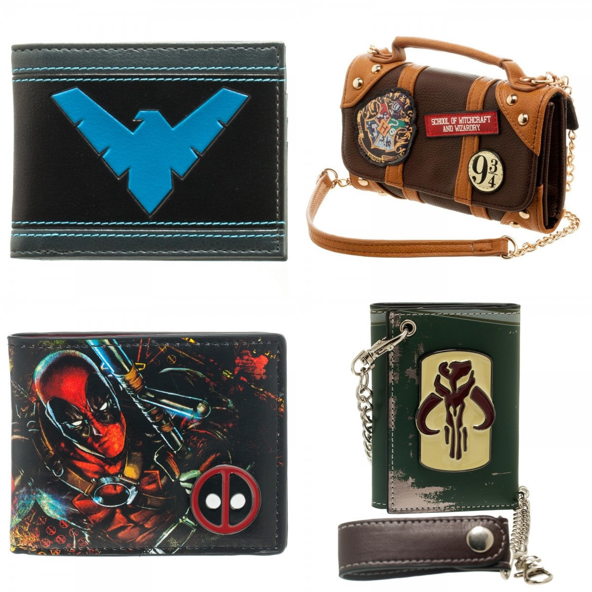 Four Wallets representing our nerdy, geeky, spooky, creepy bifolds, trifolds, satchels, clutch and flap wallets
