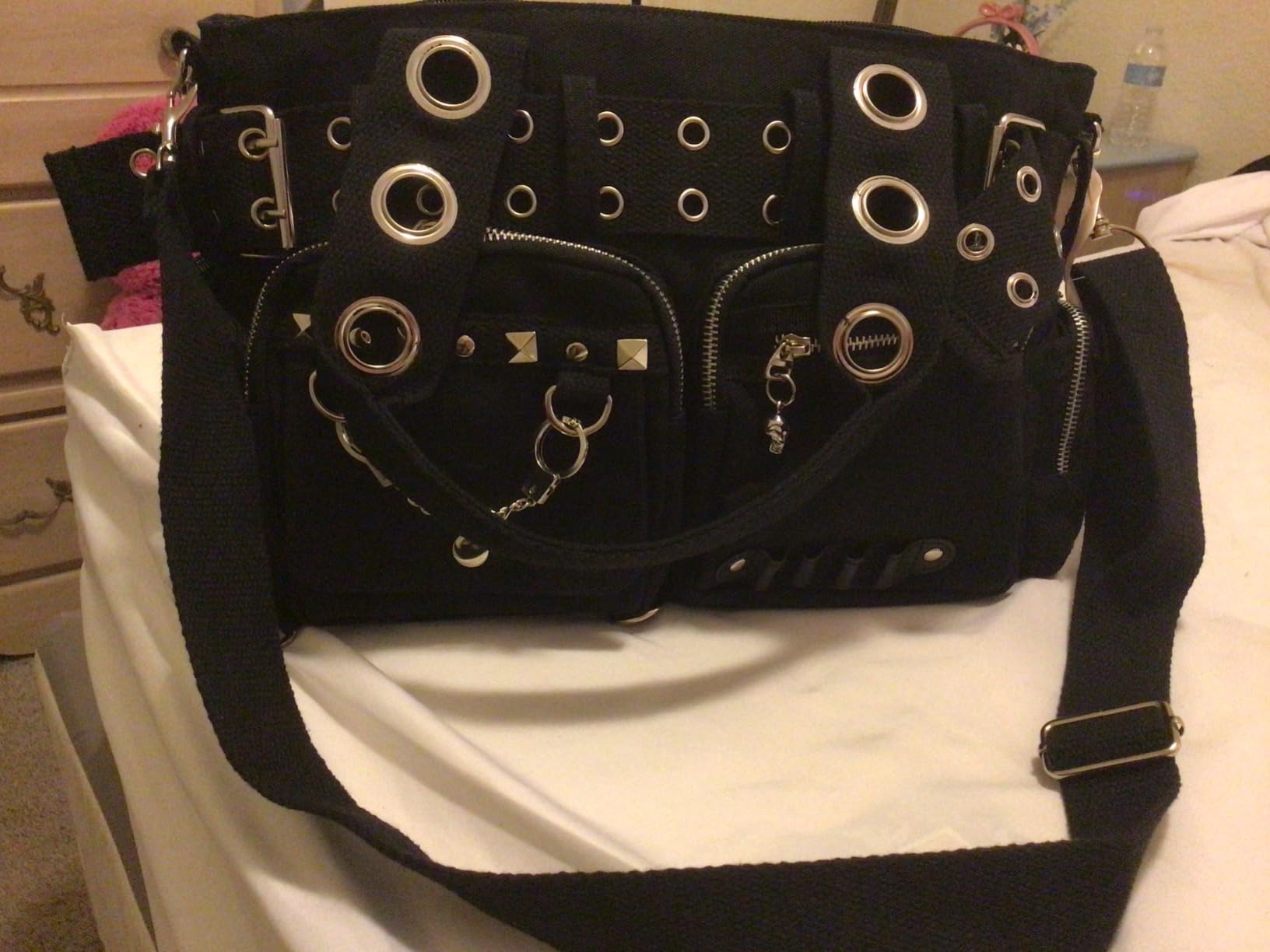 Lost Queen Goth Punk Rock Black Handbag with Handcuff Skull & Charm