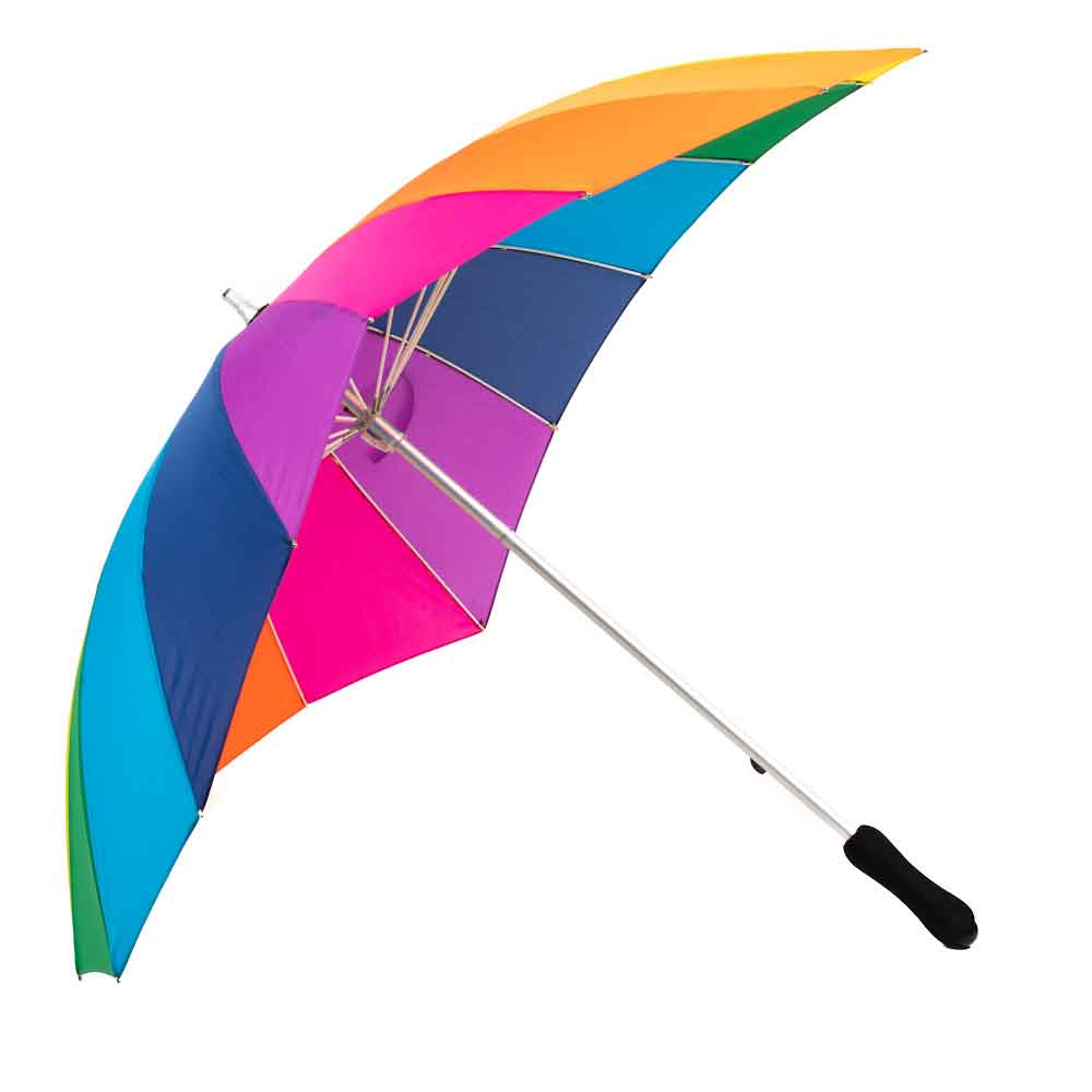 Angle view of the vibrant rainbow colors on the heart-shaped umbrella.