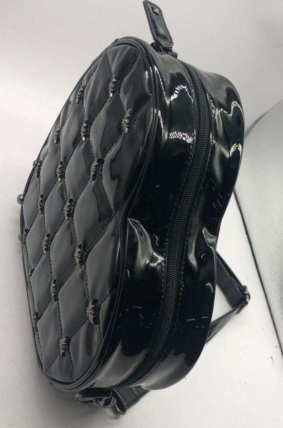 Quilted Flying Bat Studded Mina Women’s Shoulder Bag Heart Shaped Dracula Purse (Glossy Black)