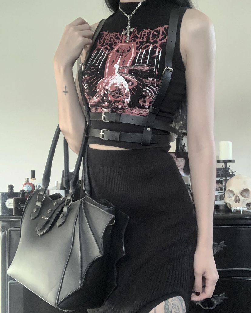 Lost Queen Annabelle Bat Wing Handbag - Gothic Winged Crossbody Purse | Black Vegan Leather