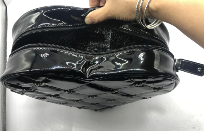 Quilted Flying Bat Studded Mina Women’s Shoulder Bag Heart Shaped Dracula Purse (Glossy Black)