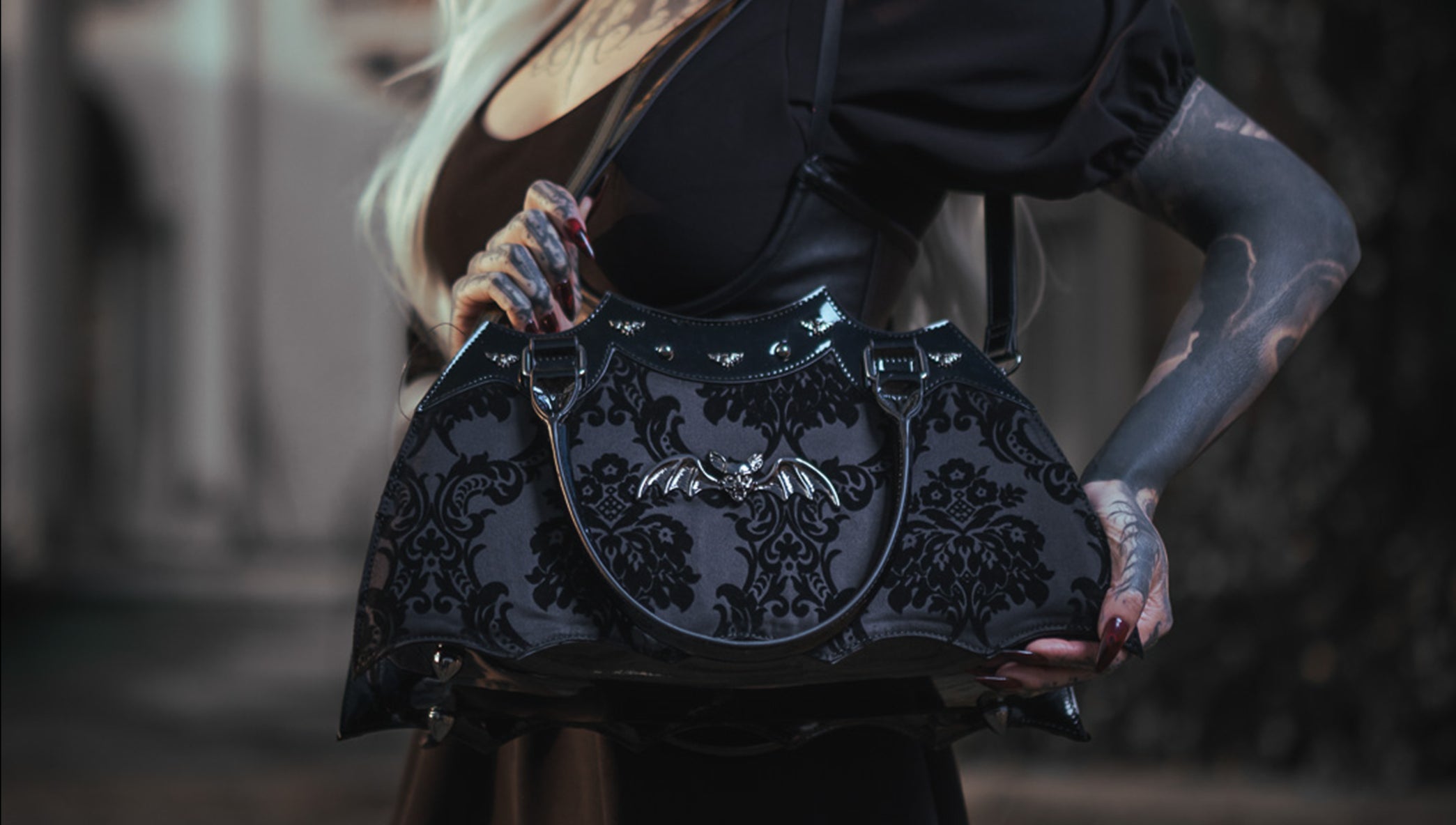 Black Bat Shaped Handbag with Damask Print and Shoulder Strap