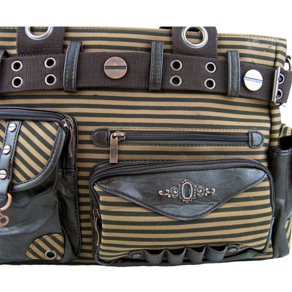 Lost Queen Vintage Steampunk Brown Striped Belted Key Charm Handbag