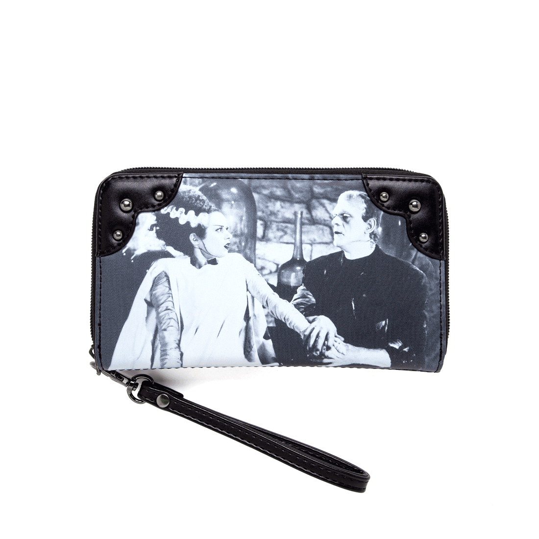 Rock Rebel Universal Monsters Wristlet Frankenstein and the Bride Zip Around Wallet with Metal Dome Studs