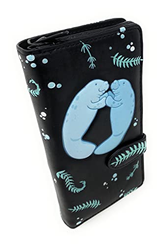 Shag Wear Manatee Playhouse Large Summer Animal Wallet for Women Faux Vegan Leather 7" Black