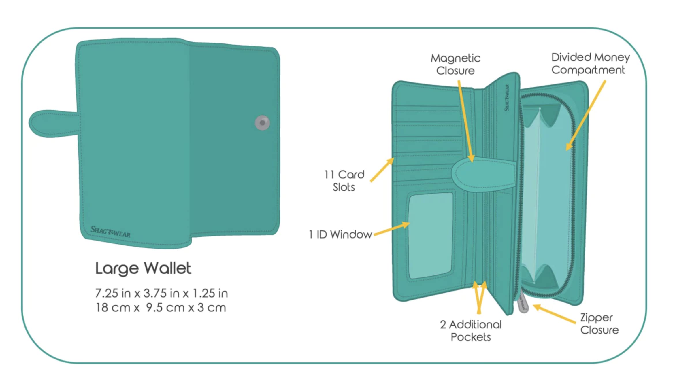 Teal Manatee Vegan Leather Wallet - Stylish & Spacious 7" Women's Accessory