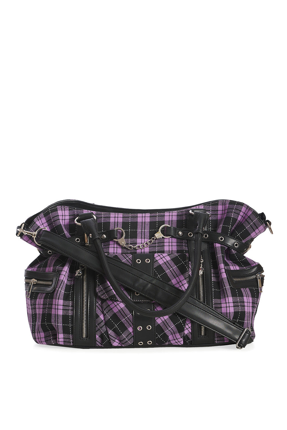 Rise Up Handcuff Goth Punk Rock Black and Purple Plaid Tartan Tote Crossbody Bag Women's Purse
