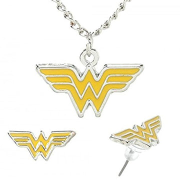Wonder Woman Logo Charm Necklace and Stud Earrings Set - Official DC Comics