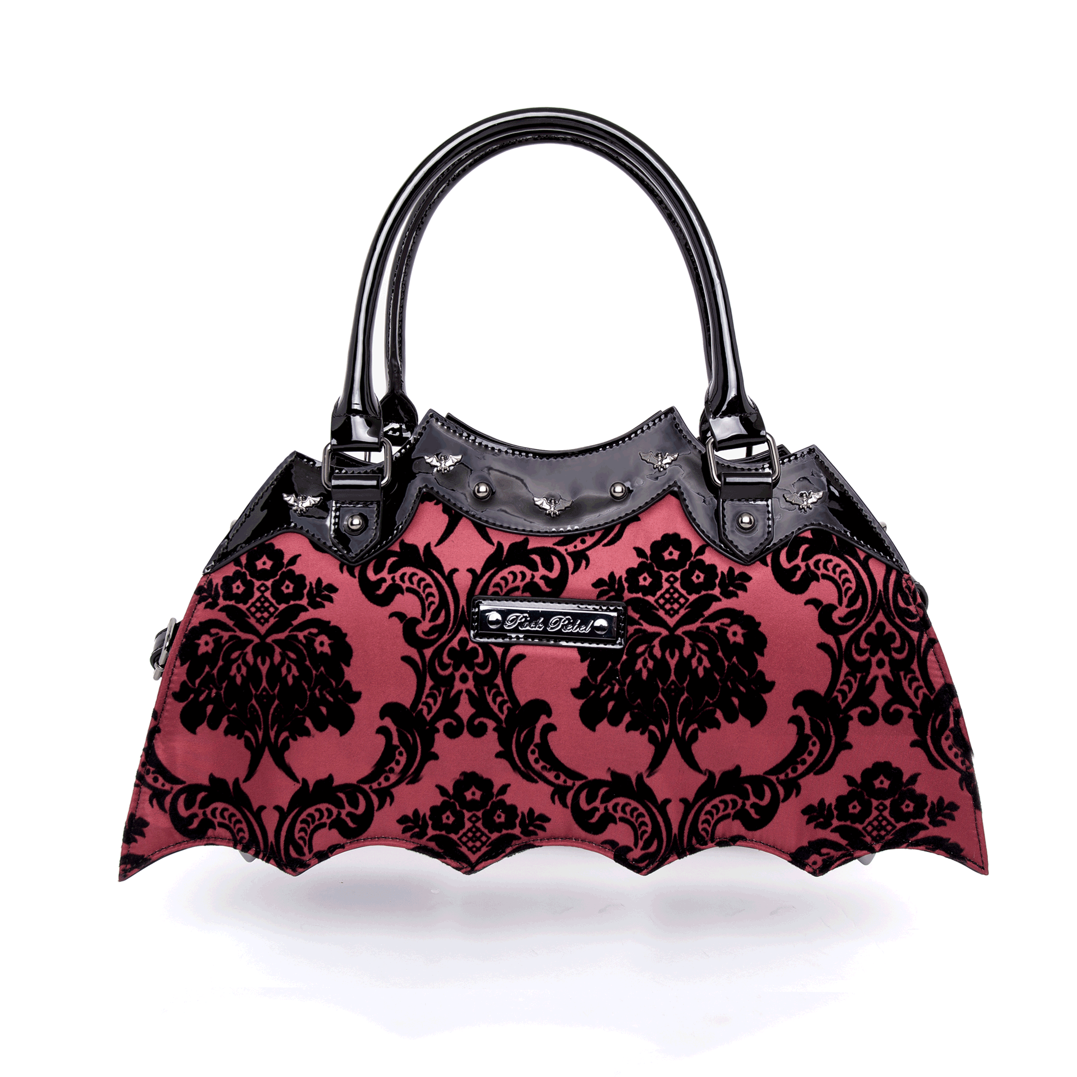 Bat Shaped Handbag with Damask Print and Metal Embellishments on Bag - Includes Shoulder Strap (Red)