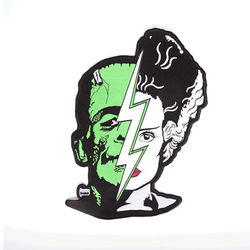 12" Universal Monsters Bride of Frankenstein and Monster Split Face Iron-On Back Patch – Official Rock Rebel Embroidered Horror Movie Patch