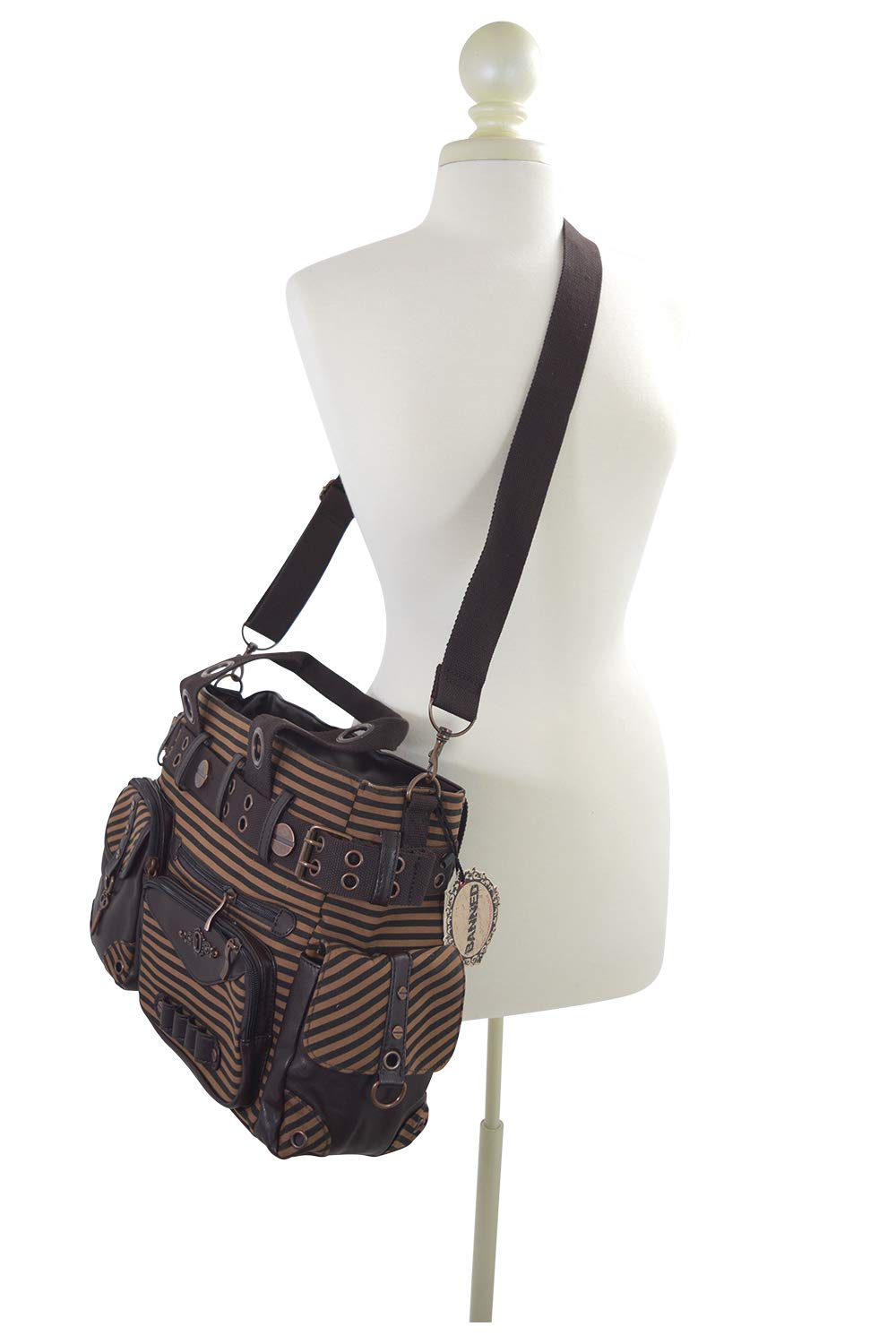 Lost Queen Vintage Steampunk Brown Striped Belted Key Charm Handbag