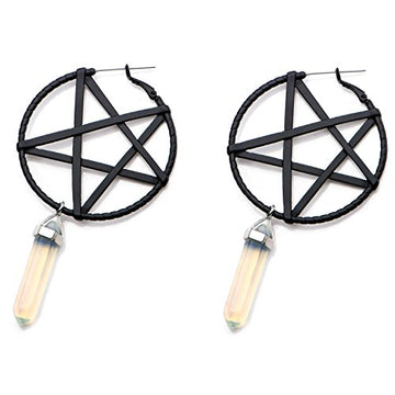 Pentacle Plugs Pair of Black Matte Steel Pentagram Star and Opalite Dangle Plug Hoop Earrings