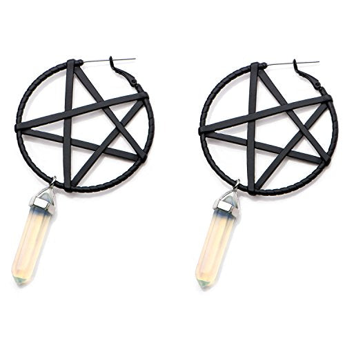 Pentacle Plugs Pair of Black Matte Steel Pentagram Star and Opalite Dangle Plug Hoop Earrings