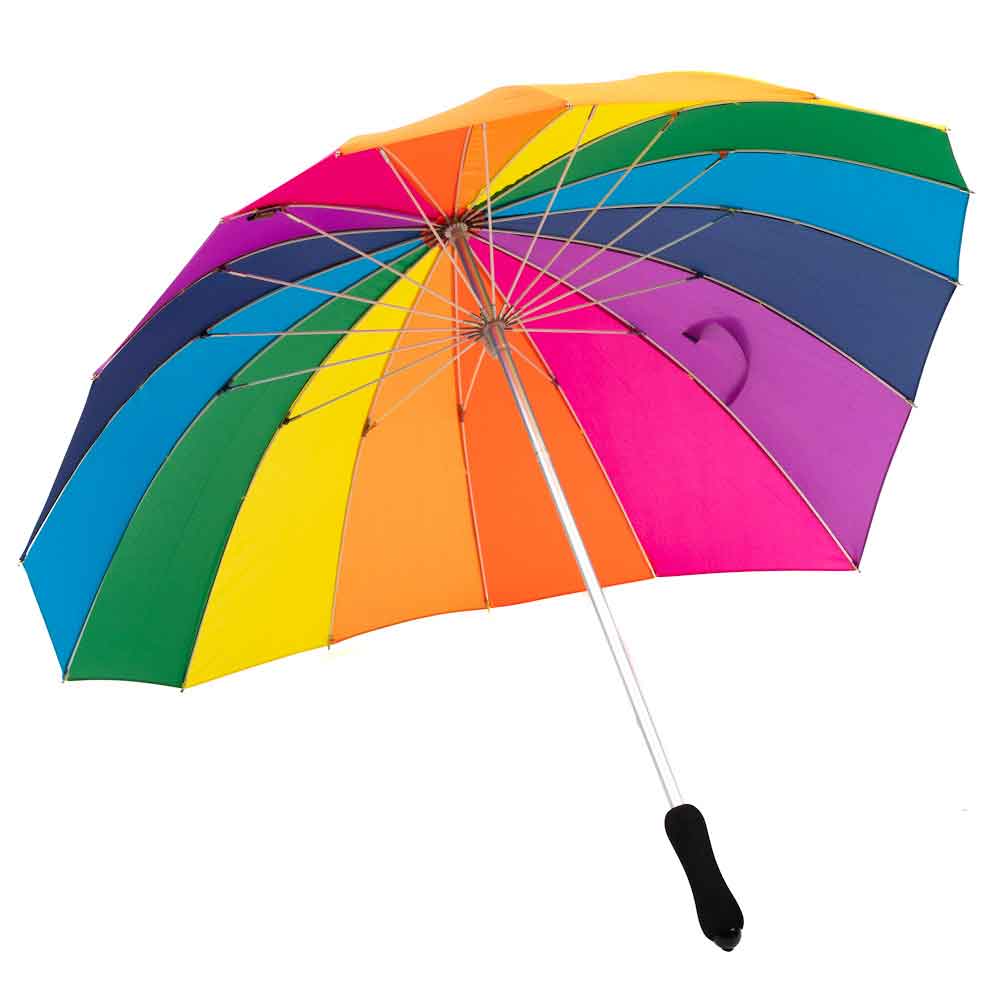 Heart-shaped rainbow pride umbrella open and held above ground.