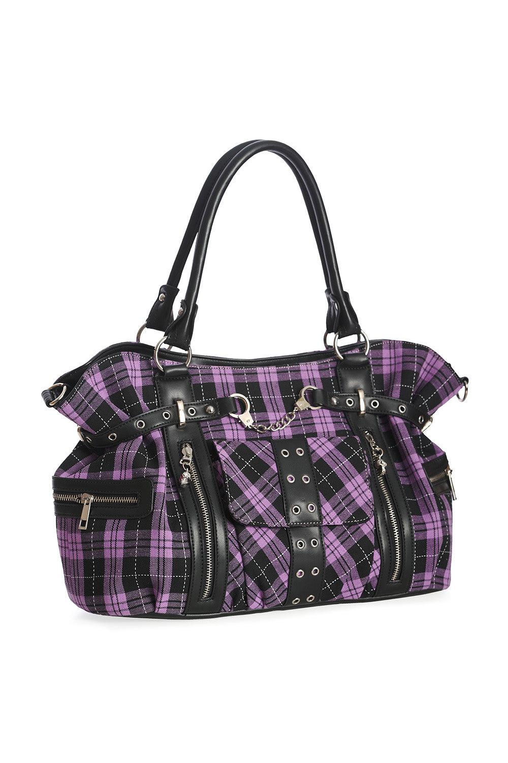 Rise Up Handcuff Goth Punk Rock Black and Purple Plaid Tartan Tote Crossbody Bag Women's Purse