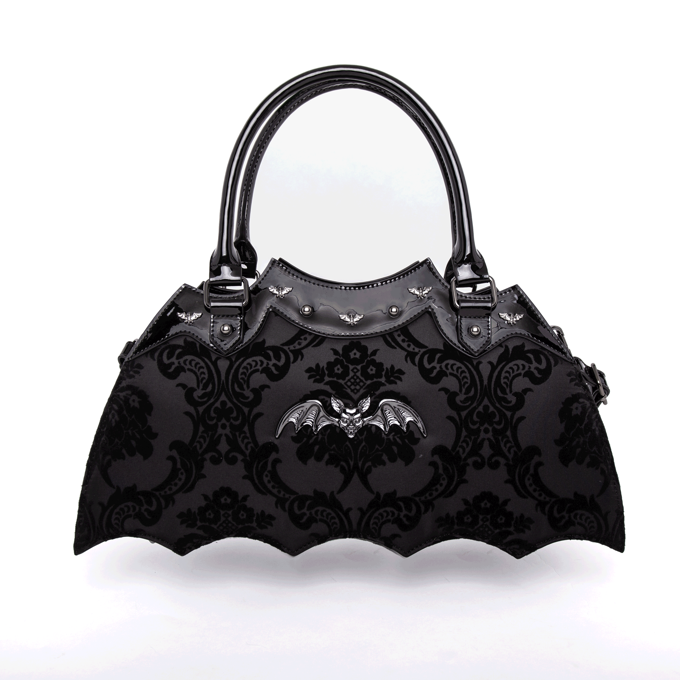 Black Bat Shaped Handbag with Damask Print and Shoulder Strap