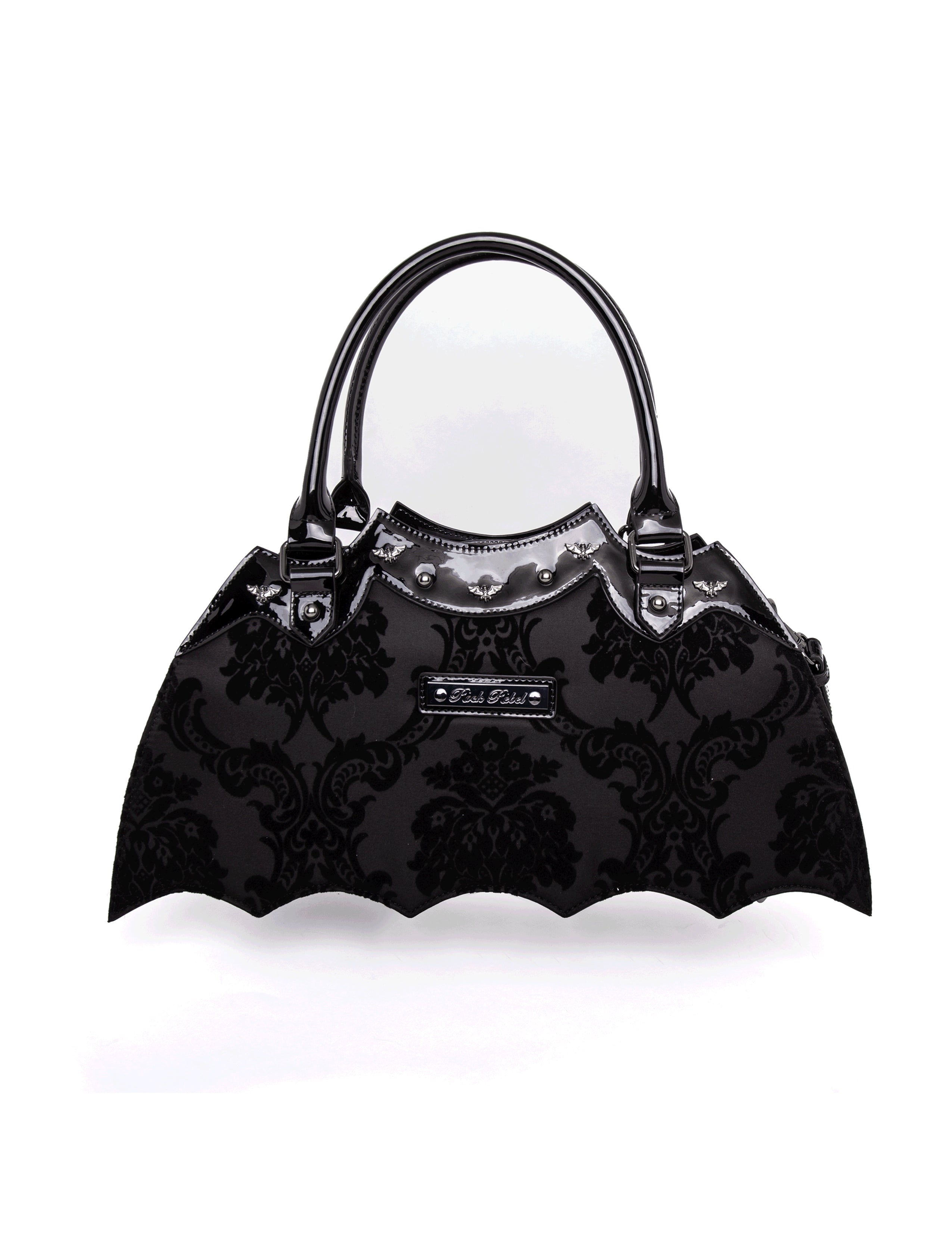 Black Bat Shaped Handbag with Damask Print and Shoulder Strap