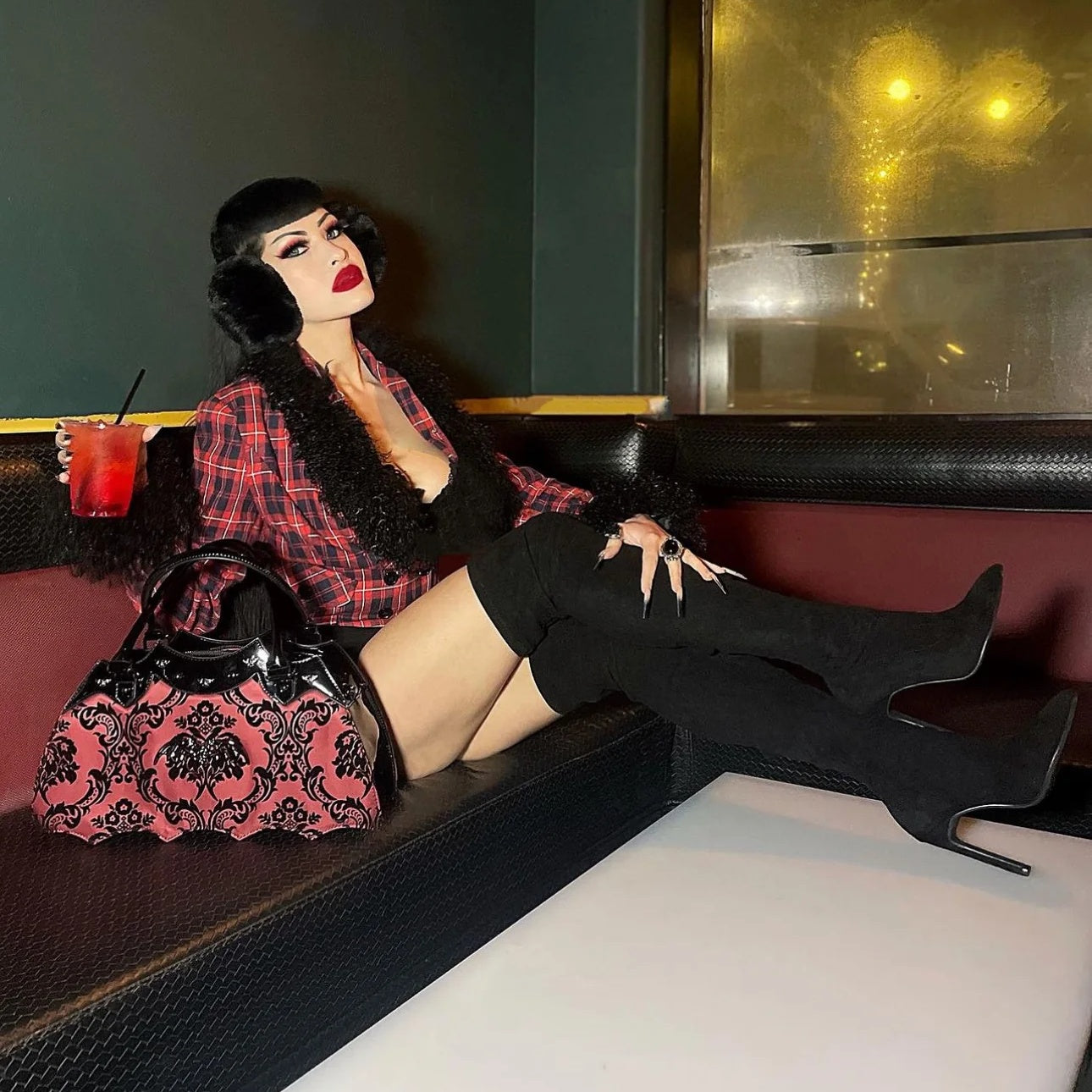 Bat Shaped Handbag with Damask Print and Metal Embellishments on Bag - Includes Shoulder Strap (Red)