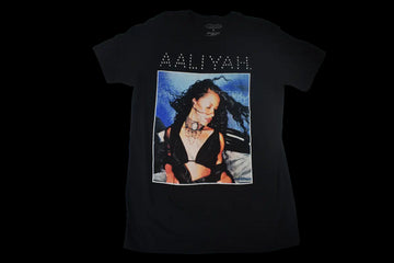 Men's t-shirt featuring a photo of Aaliyah, the Princess of R&B, in a black and white portrait.