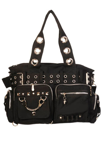 Lost Queen Goth Punk Rock Black Handbag with Handcuff Skull & Charm