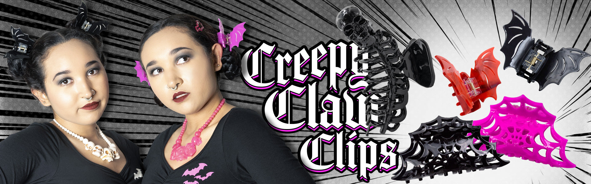 Spooky, gothic hair claw clips available at Nerd Imports including bats, skulls and spider webs!1621243260e1af0c20-2