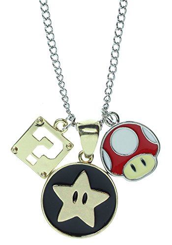 Offiical Nintendo Super Mario Charm Necklace with Star Pendant and Mushroom Charm ? Block Charm