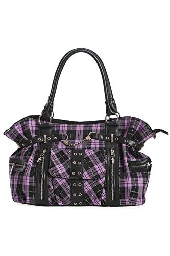 Rise Up Handcuff Goth Punk Rock Black and Purple Plaid Tartan Tote Crossbody Bag Women's Purse