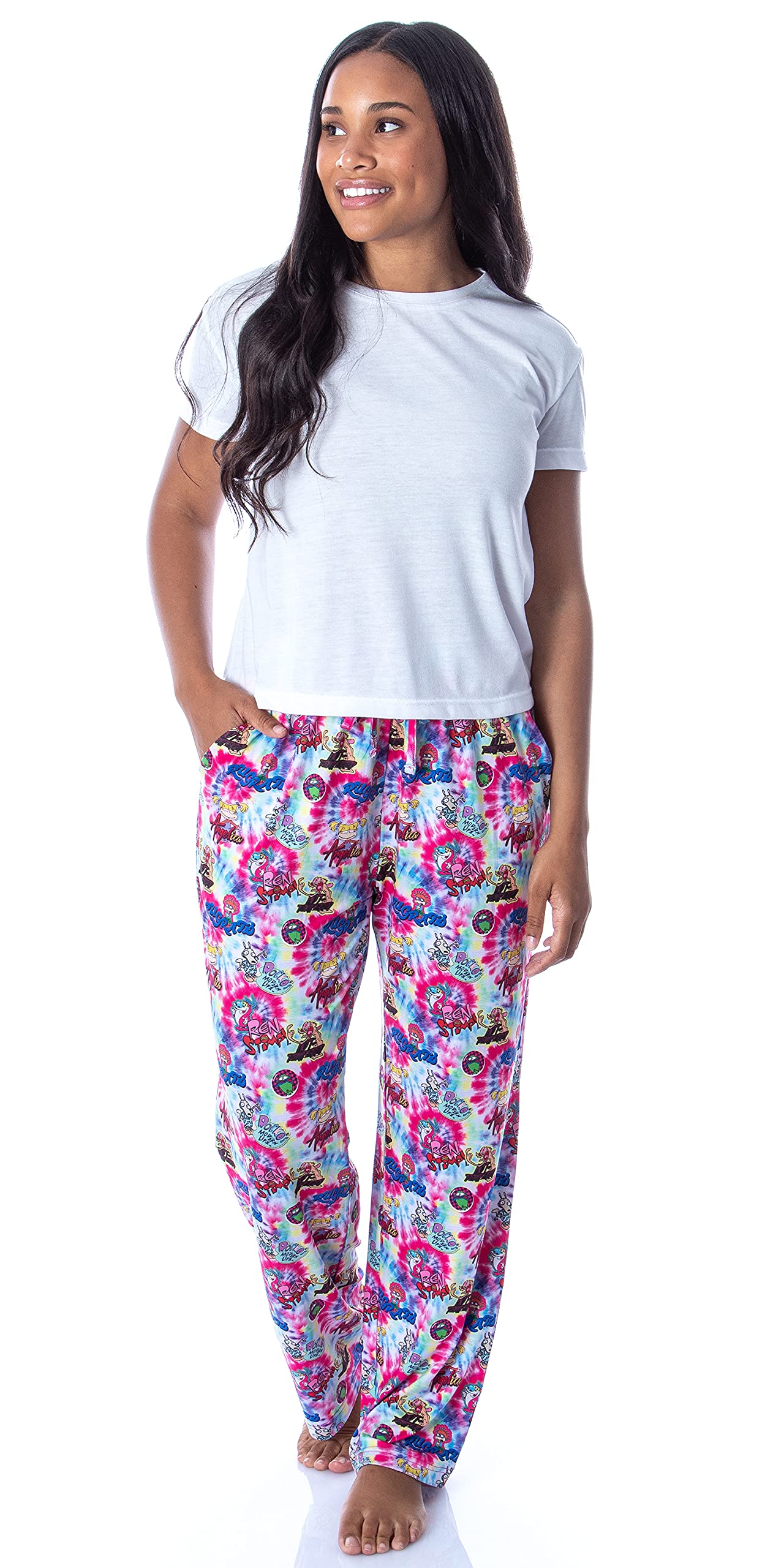 Nickelodeon Women's 90s Cartoons Rugrats Ren and Stimpy Rocko's Modern Life Spiral Tie Dye Pajama Pants