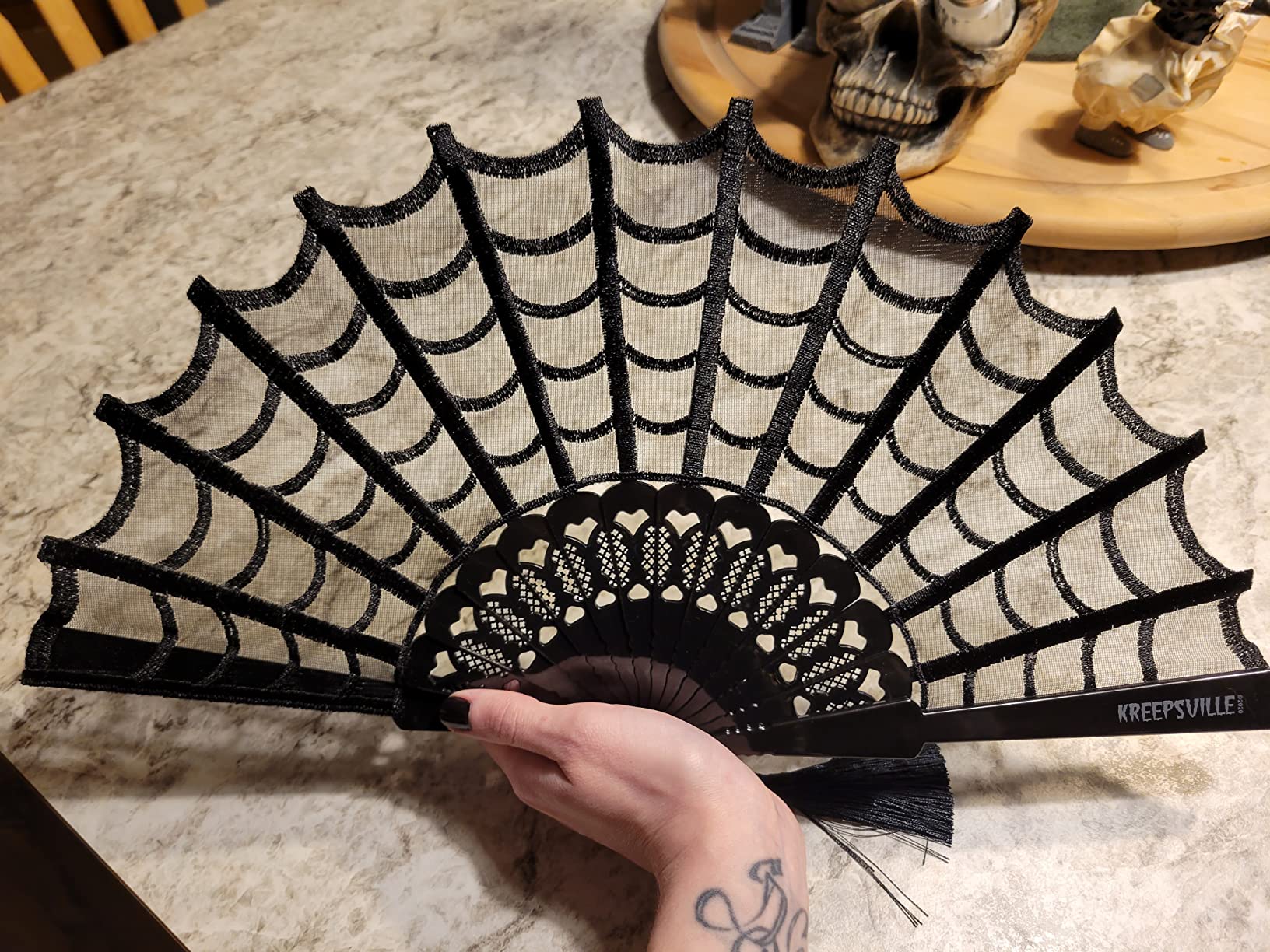 kreepsville 666 Spiderweb Lace Gothic Fabric Hand Fan with Tassel