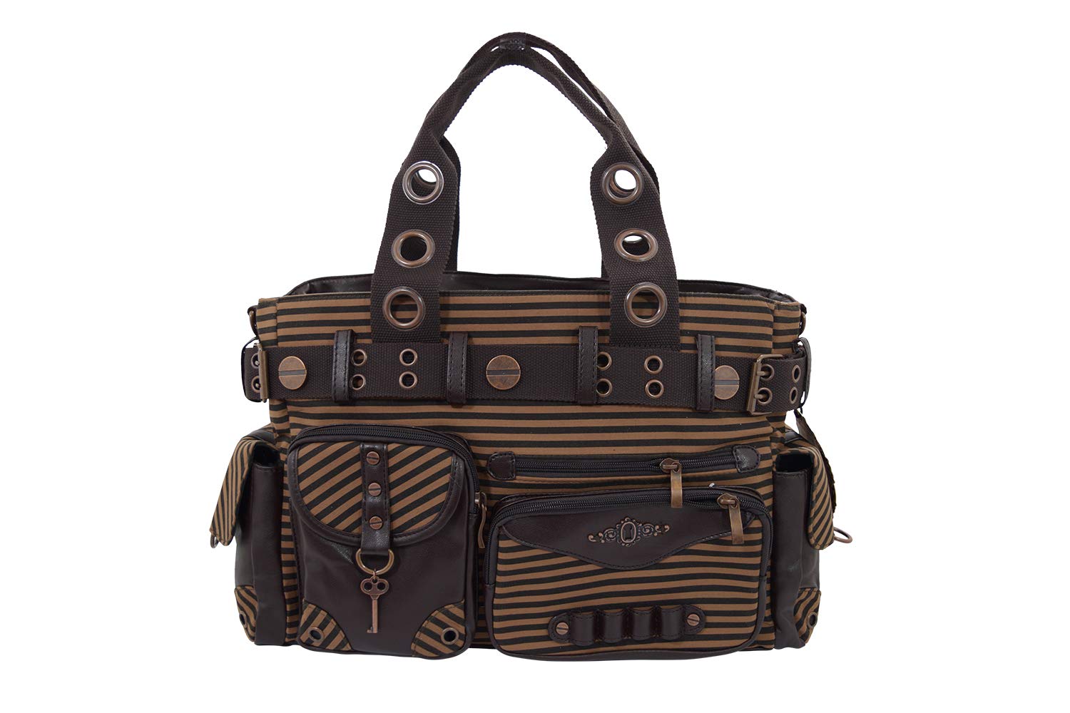 Lost Queen Vintage Steampunk Brown Striped Belted Key Charm Handbag