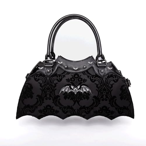 Black Bat Shaped Handbag with Damask Print and Shoulder Strap