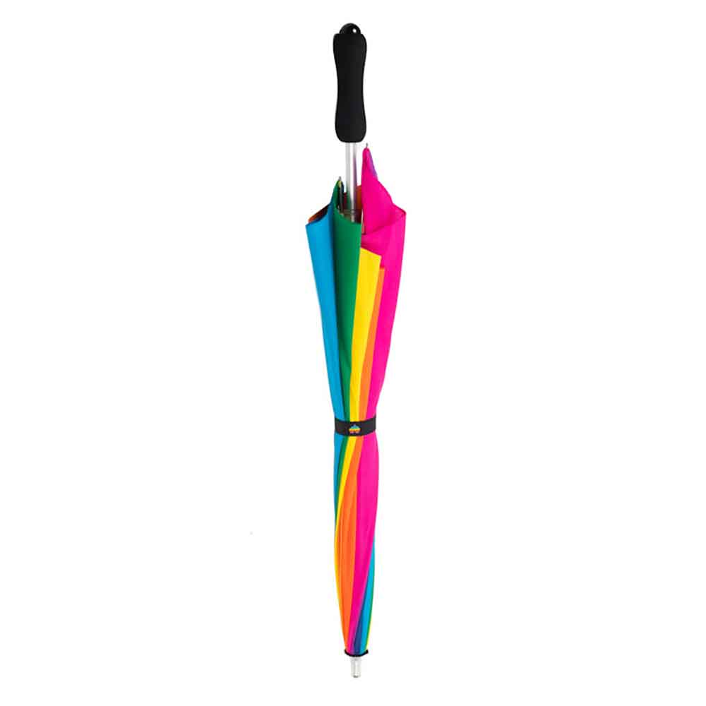 Heart-shaped rainbow pride umbrella collapsed and secured with a strap.