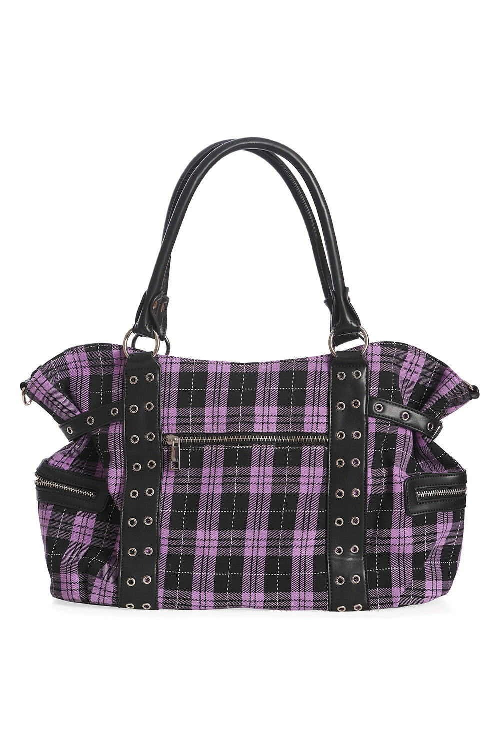 Rise Up Handcuff Goth Punk Rock Black and Purple Plaid Tartan Tote Crossbody Bag Women's Purse
