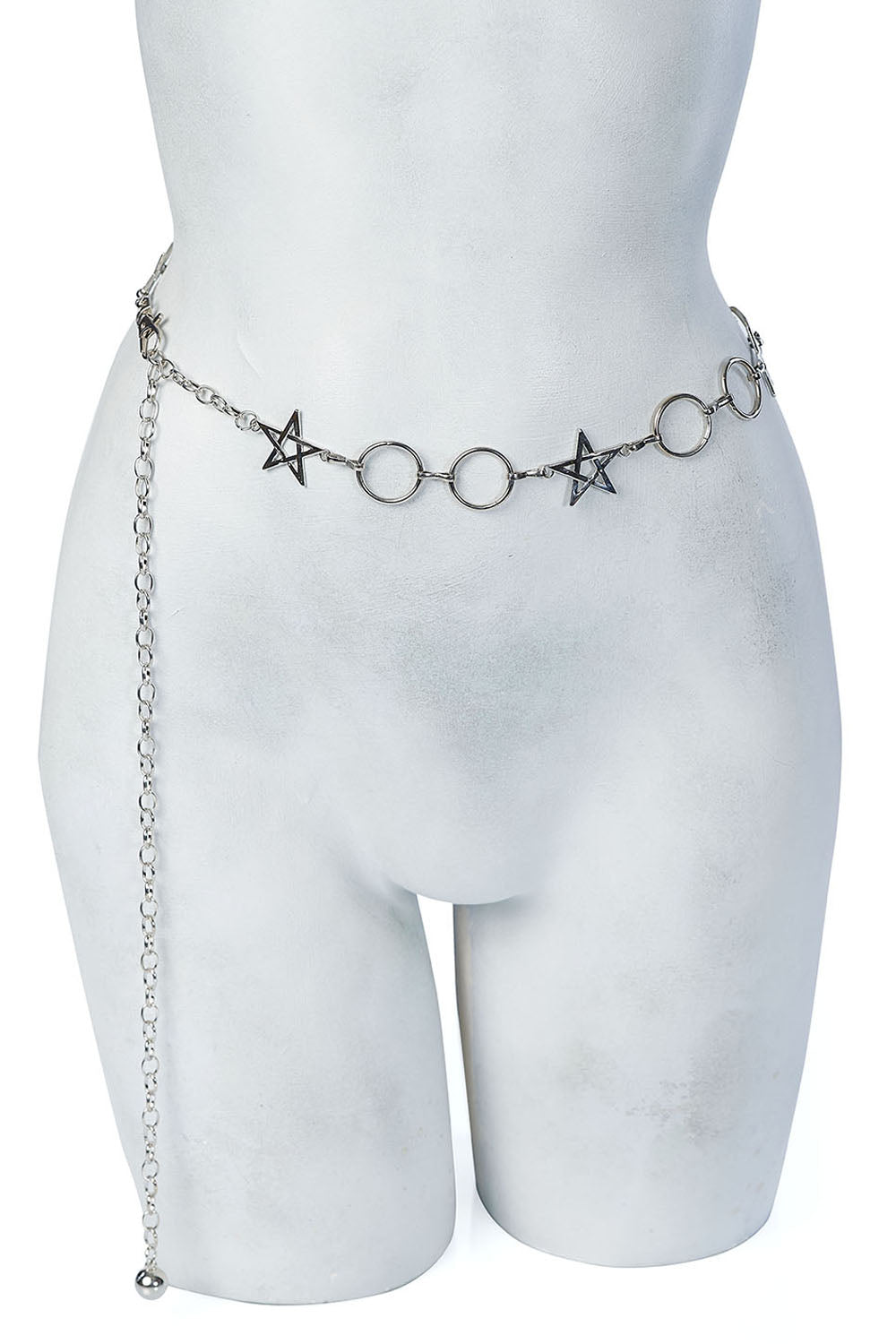 Lost Queen's Elysium Adjustable Silver Chain Belt: Gothic Pentagram & Hoop Design