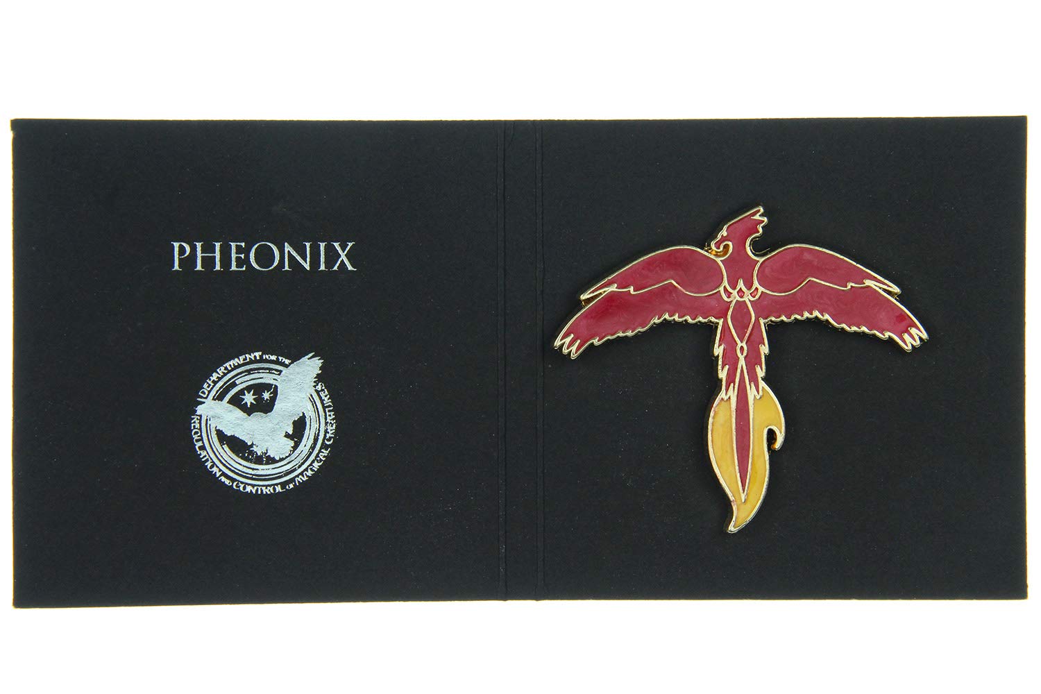 The box has spelled "phoenix" incorrectly.  Even so, this is an authentic Harry Potter pin licensed from Warner Bros.