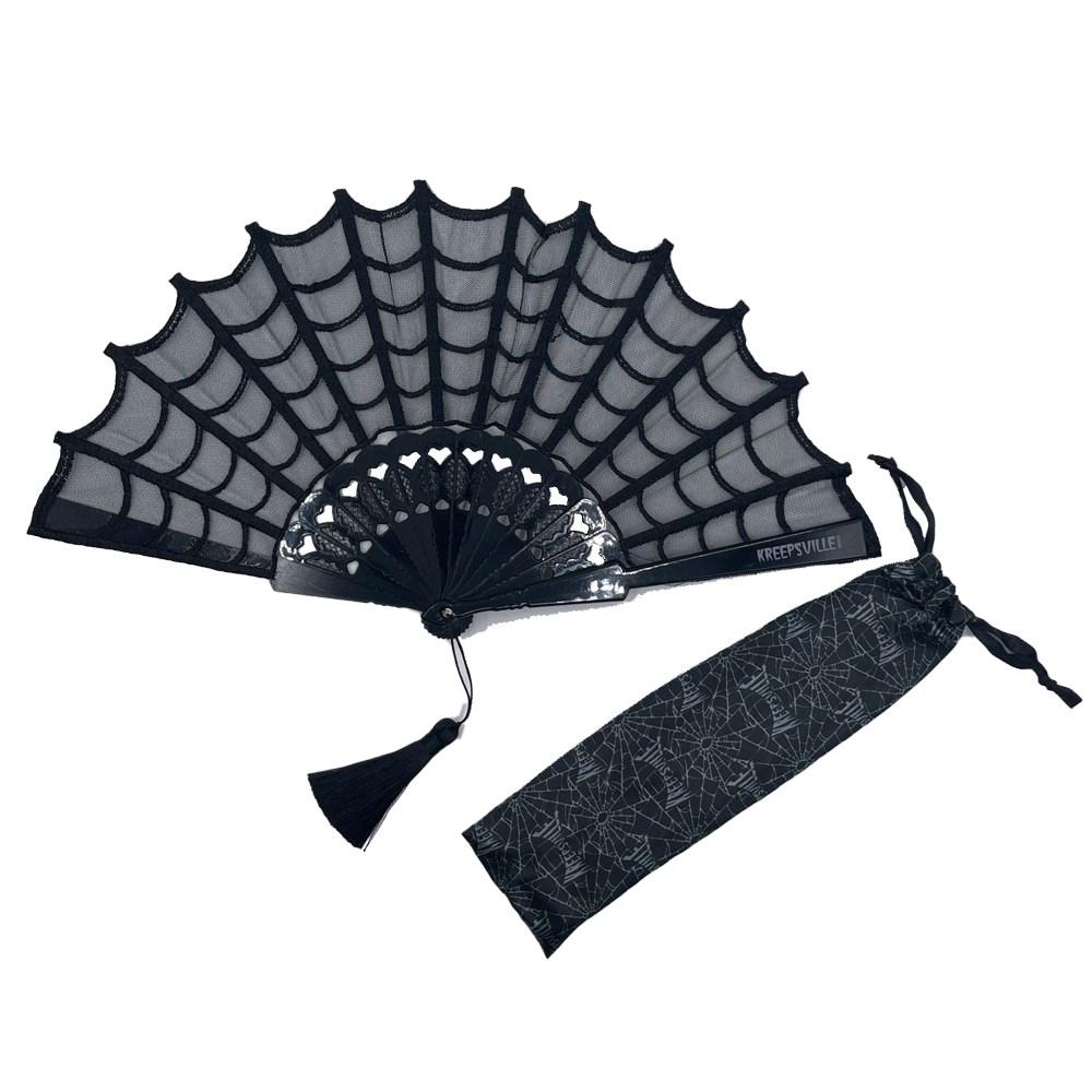 kreepsville 666 Spiderweb Lace Gothic Fabric Hand Fan with Tassel