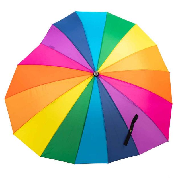 Close-up of the vibrant rainbow colors on the heart-shaped umbrella.