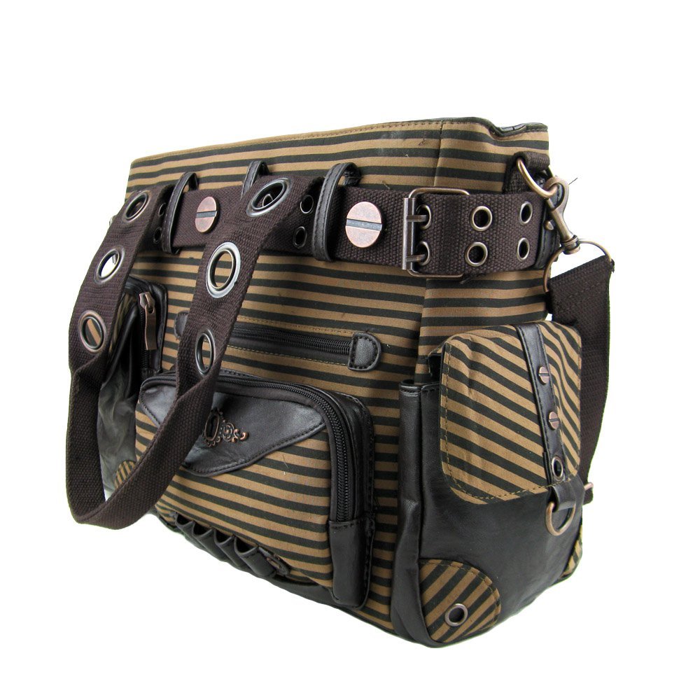 Lost Queen Vintage Steampunk Brown Striped Belted Key Charm Handbag