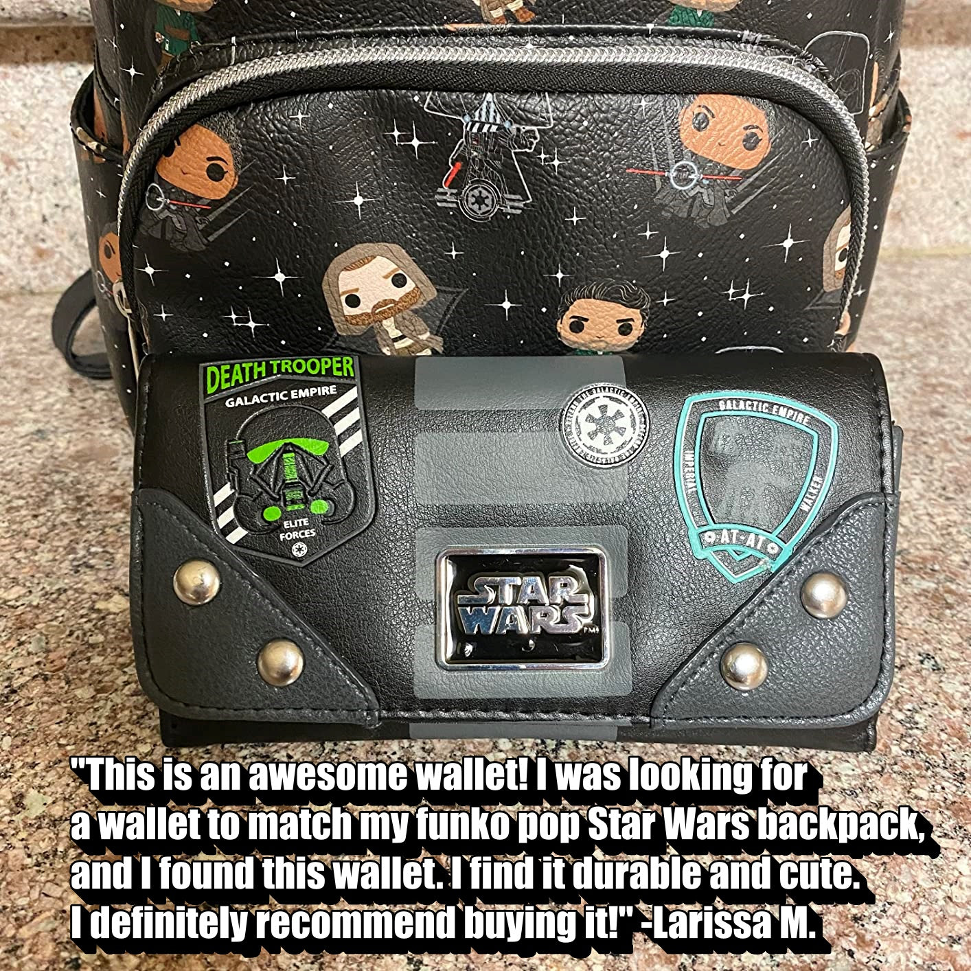 Satisfied fan showing off their purchased Star Wars Rogue One themed wallet.