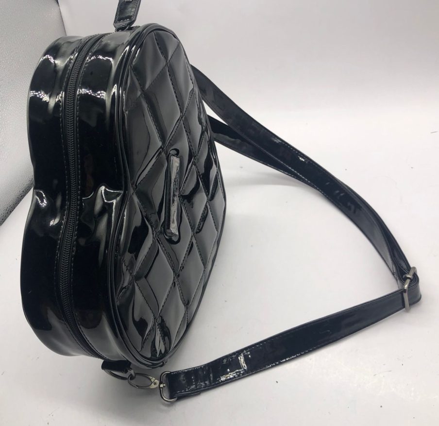 Quilted Flying Bat Studded Mina Women’s Shoulder Bag Heart Shaped Dracula Purse (Glossy Black)