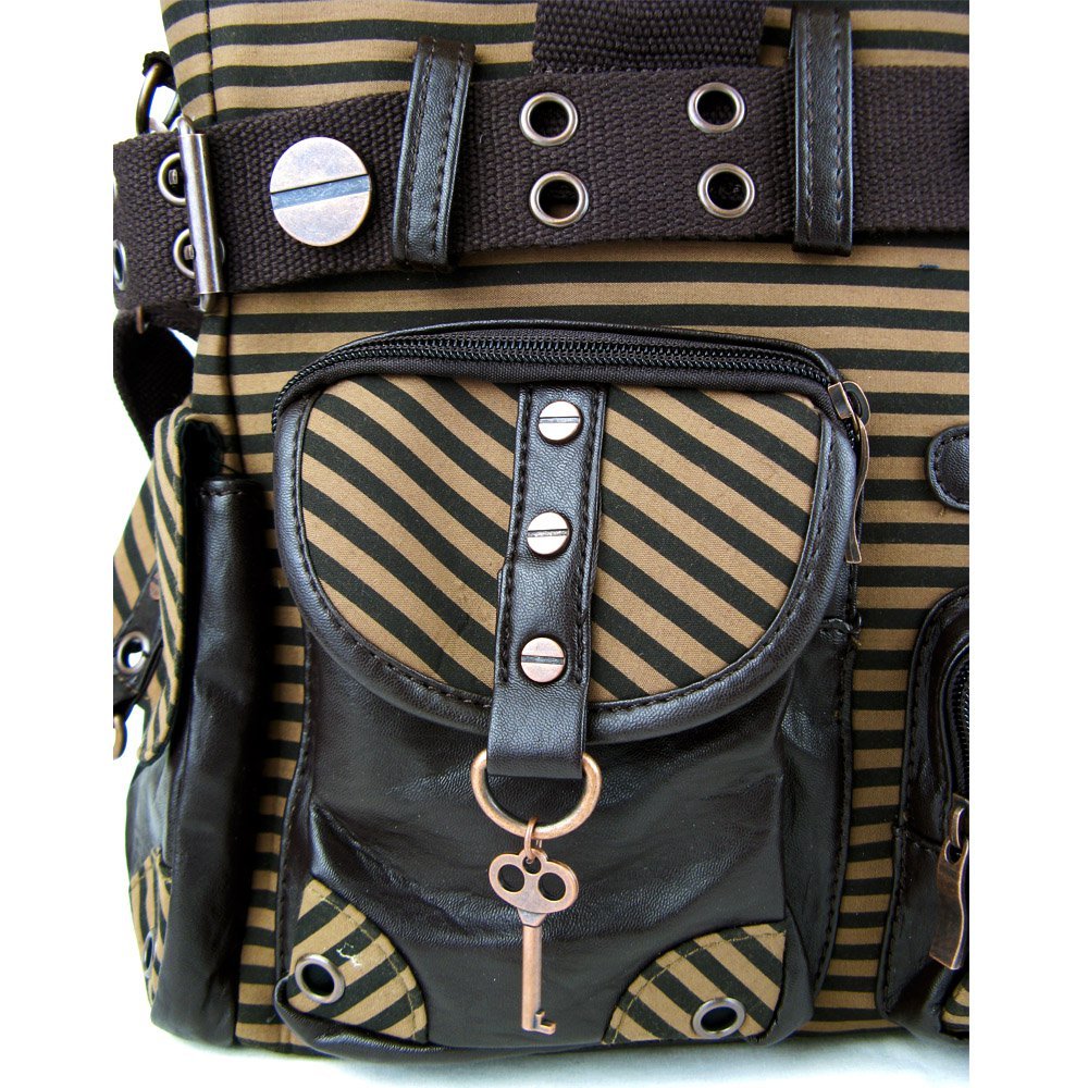 Lost Queen Vintage Steampunk Brown Striped Belted Key Charm Handbag