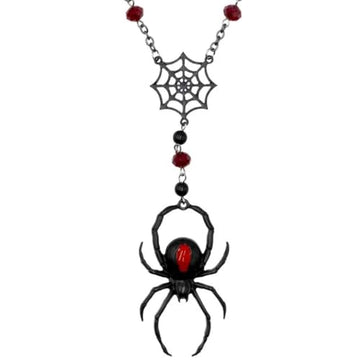 Black Widow Rosary Necklace on 24" Chain & 2" Spider Charm Gothic Beaded Jewelry