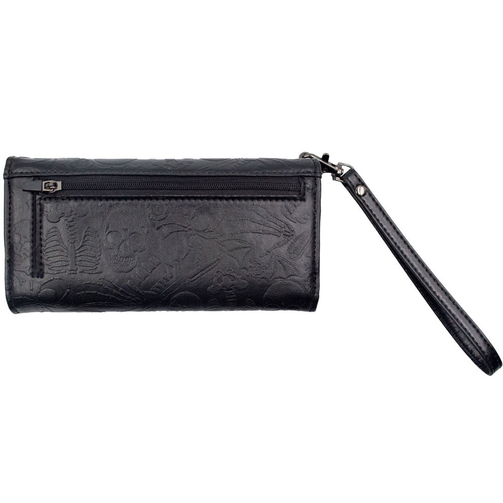 Kreepsville 666 Gothic Embossed Skull Death Bat Trifold Wristlet Wallet for Women