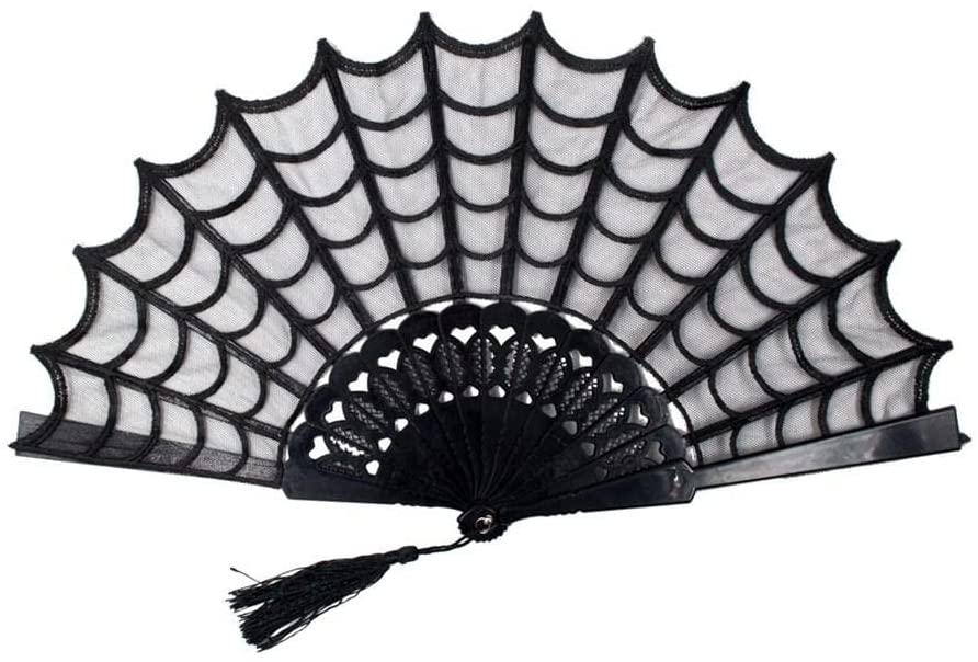 kreepsville 666 Spiderweb Lace Gothic Fabric Hand Fan with Tassel
