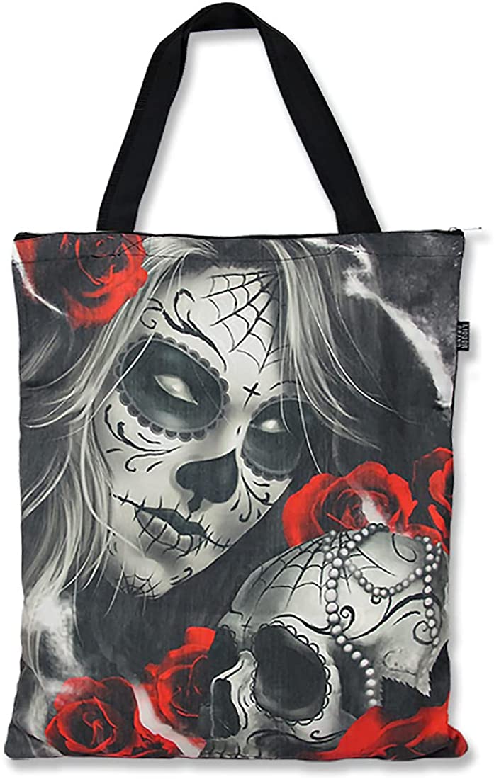 Liquorbrand Eternal Bliss Sugar Skull Tattoo Woman and Rose Tote Bag 17 x 18" Canvas Shopping Shopper with Zipper