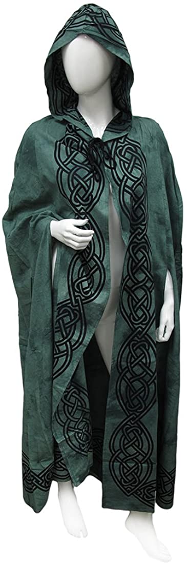 Tree of Life Hooded Ritual Cloak Green Lightweight Cotton with Celtic Knot Embellishments