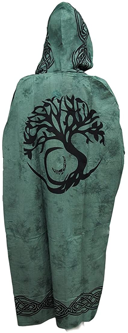 Tree of Life Hooded Ritual Cloak Green Lightweight Cotton with Celtic Knot Embellishments