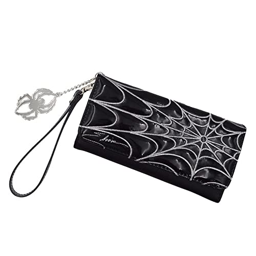 Elvira Women’s Spiderweb Flap Trifold Wristlet Wallet Macabre Mobile Silver Edition Clutch