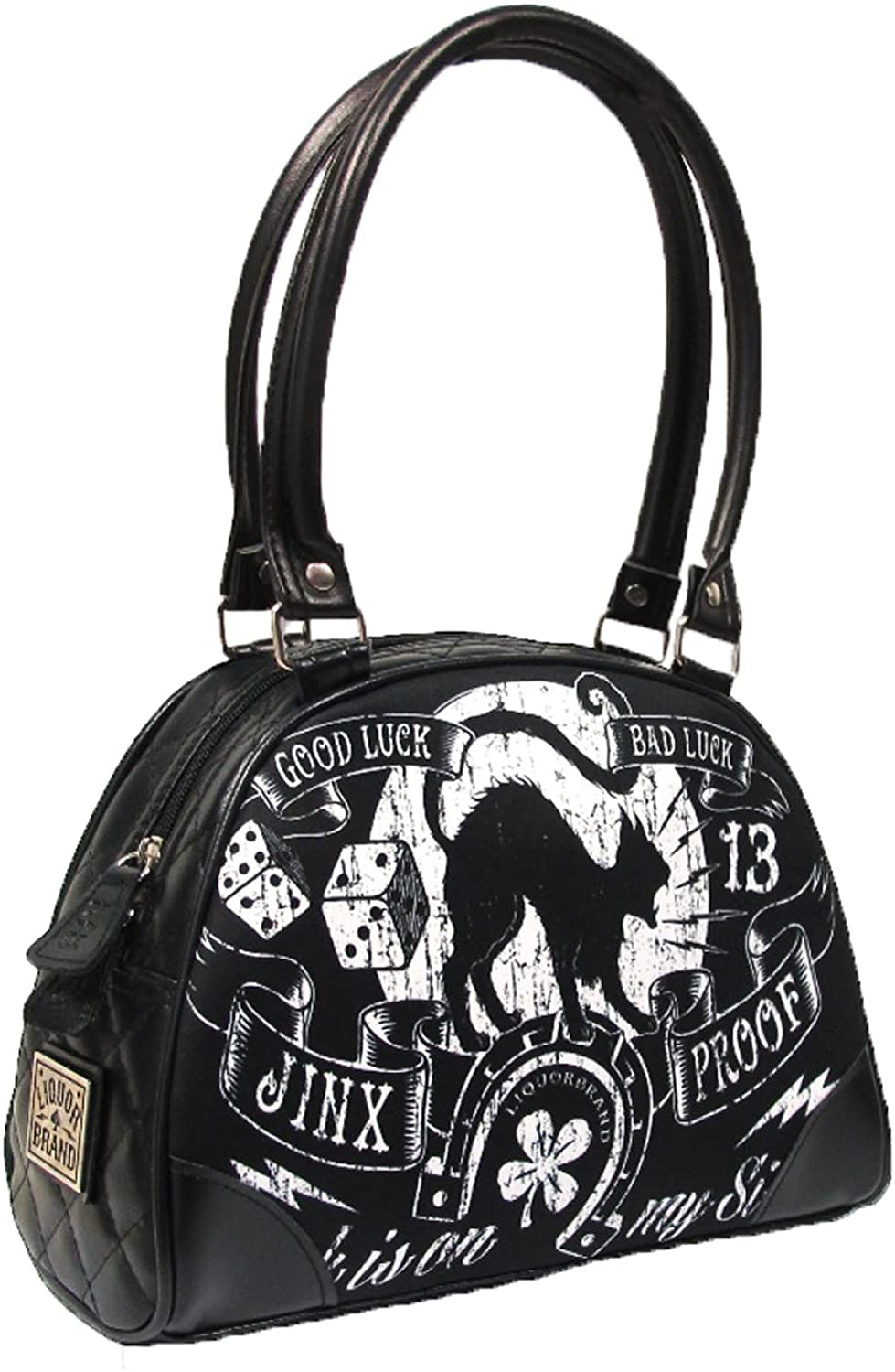 LiquorBrand Bonneville Bowler Purse with Chevron Logo (Black and Black  Sparkle): Handbags
